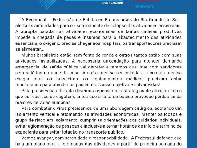 Federasul defende retomada das atividades econômicas a partir da primeira semana de abril