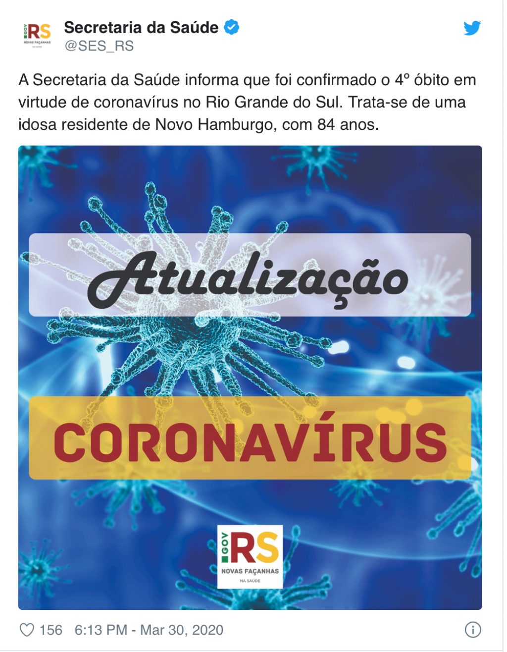Quarta vítima do coronavírus no estado é uma senhora de 84 anos de idade