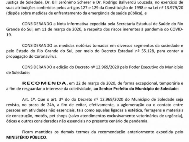 Ministério Público de Soledade recomenda revisão de decreto municipal de fechamento do comércio