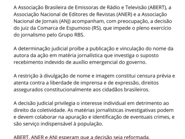 Abert divulga nota de repúdio contra impedimento de matéria ser veiculada pela RBS TV