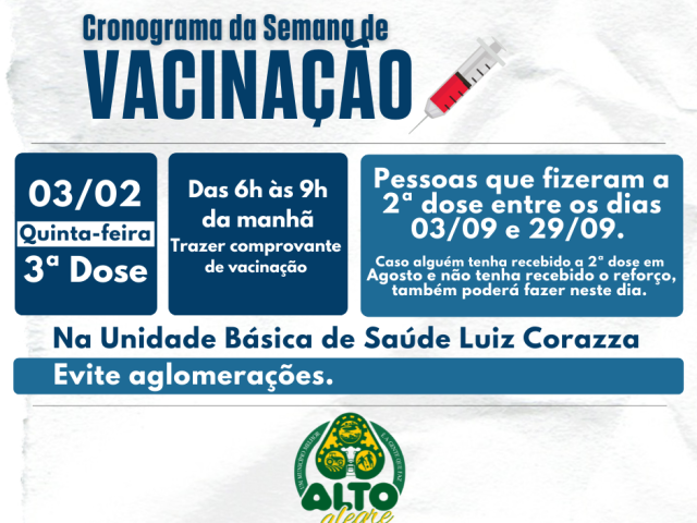 3ª dose da vacinação contra a covid-19 acontecerá dia 03 de fevereiro em Alto Alegre