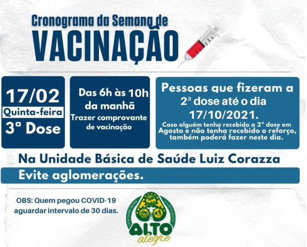 Amanhã tem vacinação da 3ª dose do imunizante do Covid-19 em Alto Alegre