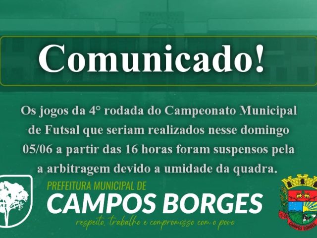 Rodada deste domingo do campeonato municipal de Campos Borges foi cancelado