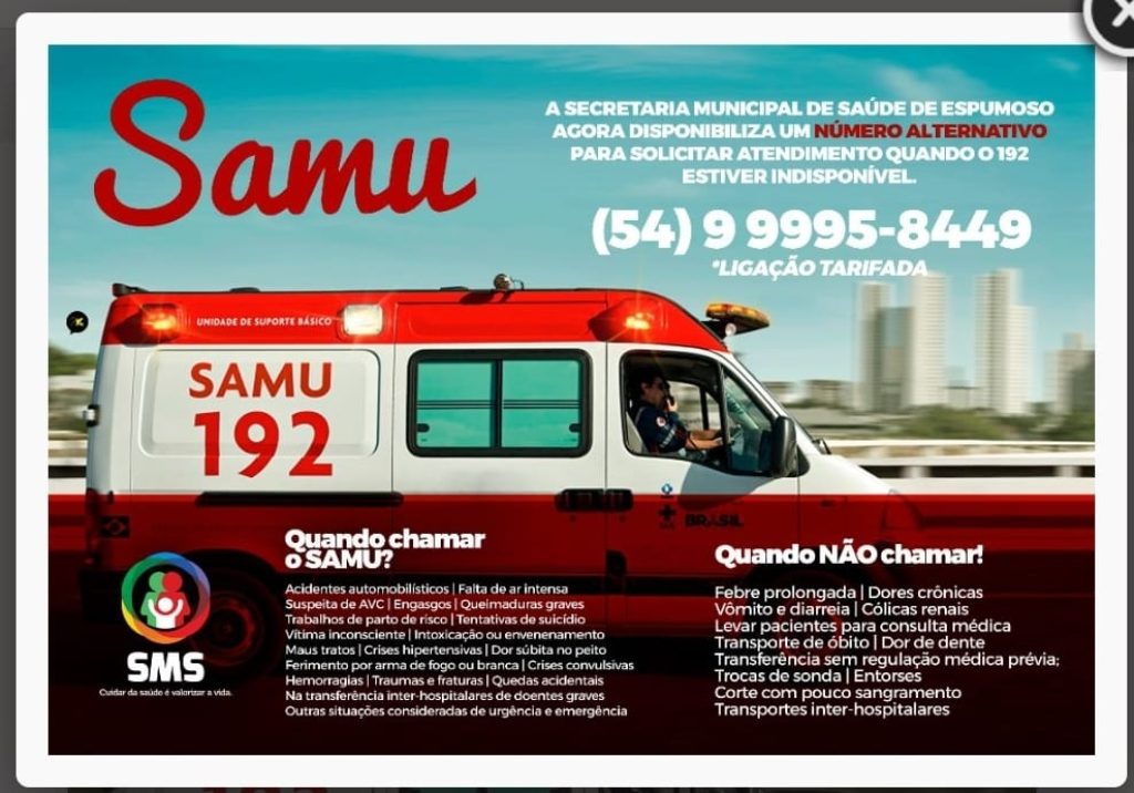 Secretaria de Saúde de Espumoso divulga número alternativo para o SAMU