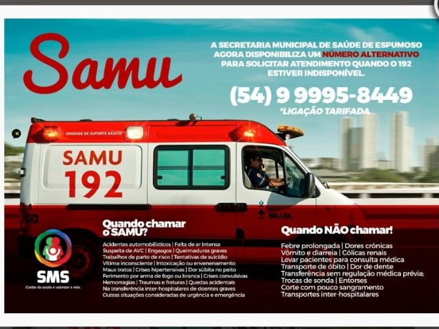 Secretaria de Saúde de Espumoso divulga número alternativo para o SAMU